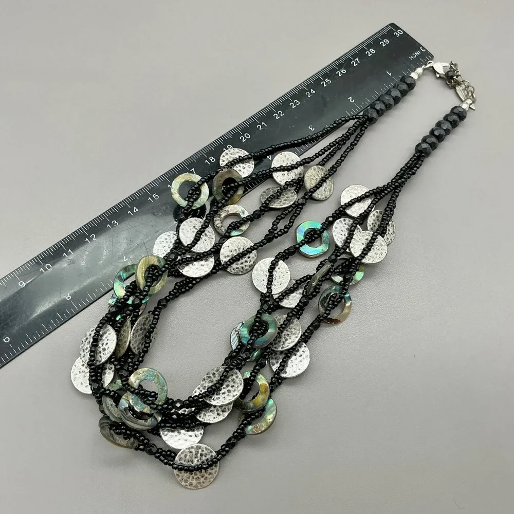 Coldwater Creek Necklace Black Multi Strand Abalone Shell Silver Tone Statement
